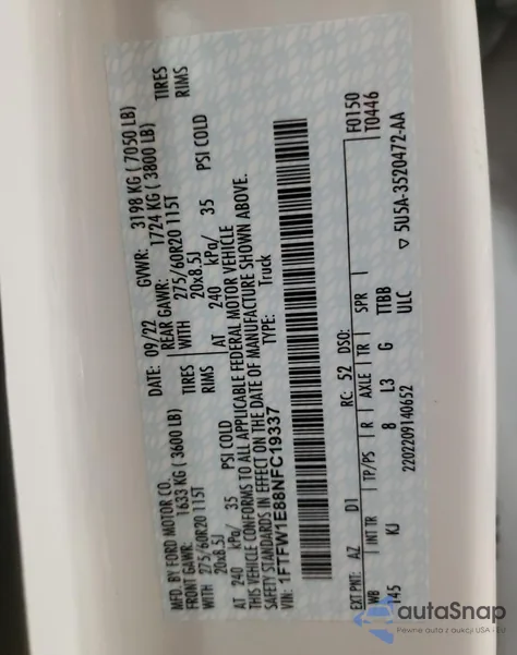 2022 Ford F150 Supercrew z USA, uszkodzony, nr VIN 1FTFW1E88NFC19337